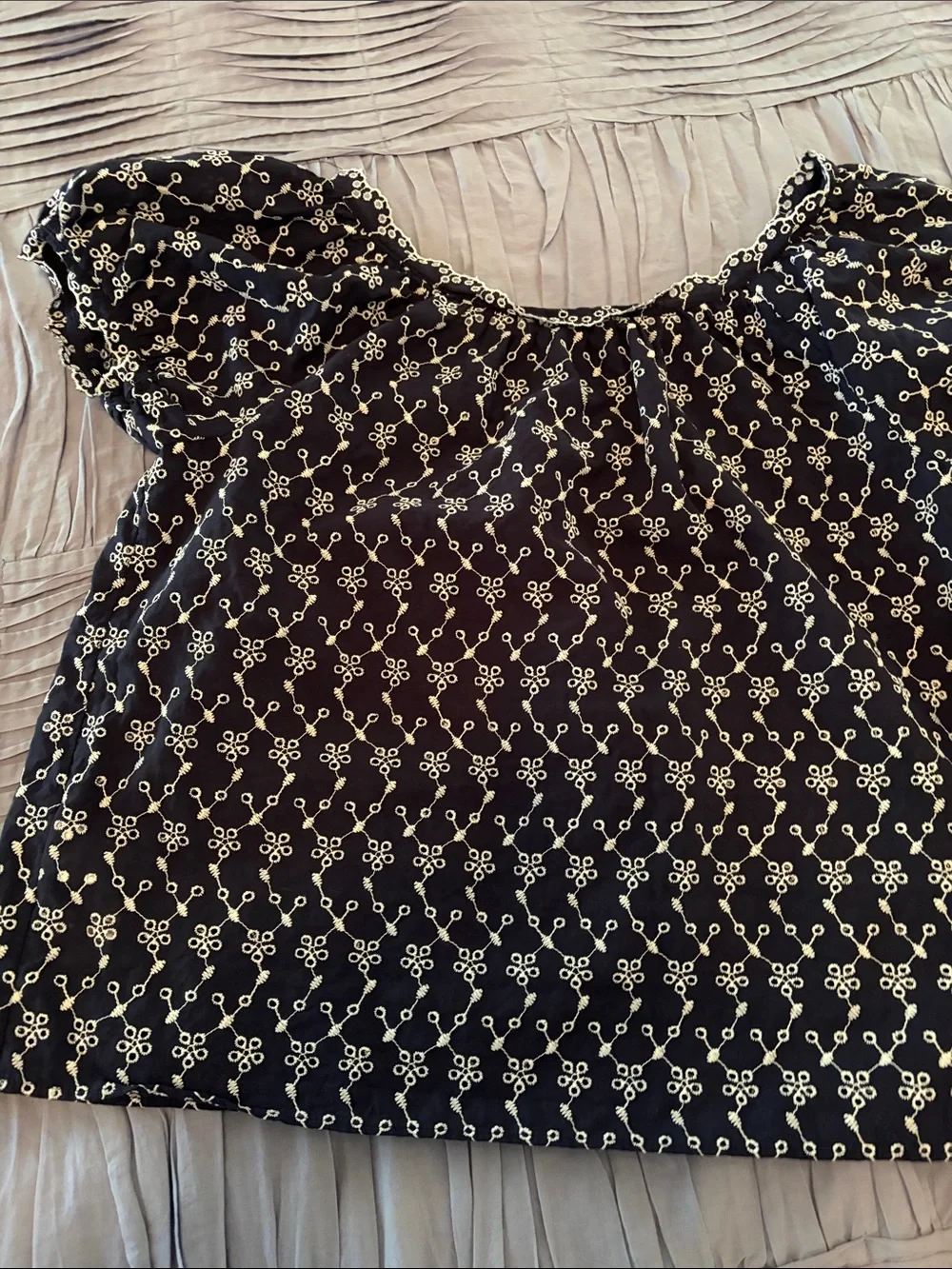 J. Crew navyTop with White Floral Embroidery and Puff Sleeves